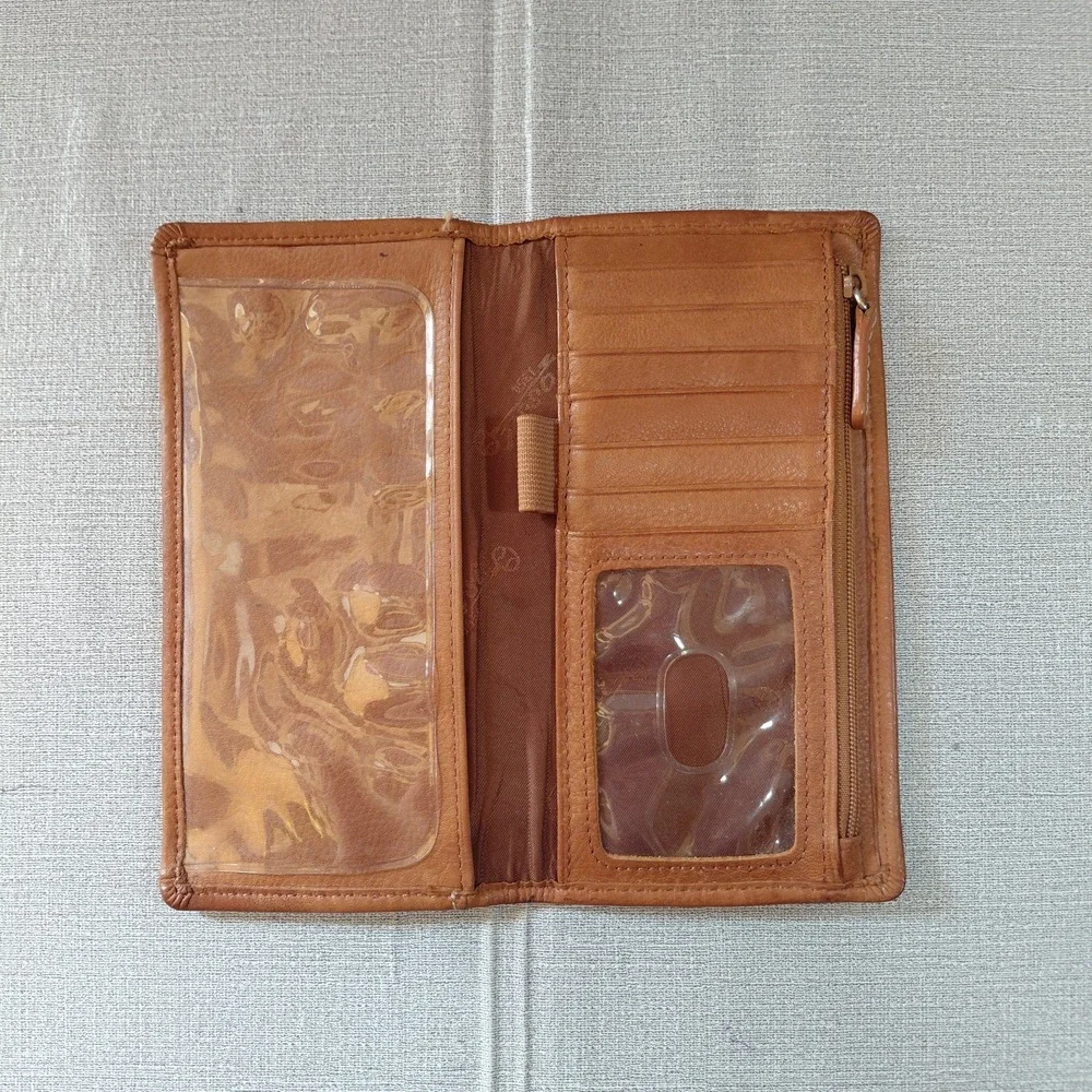Vtg Fossil Bifold Checkbook Wallet Genuine Leather Cognac Bifold Slimline